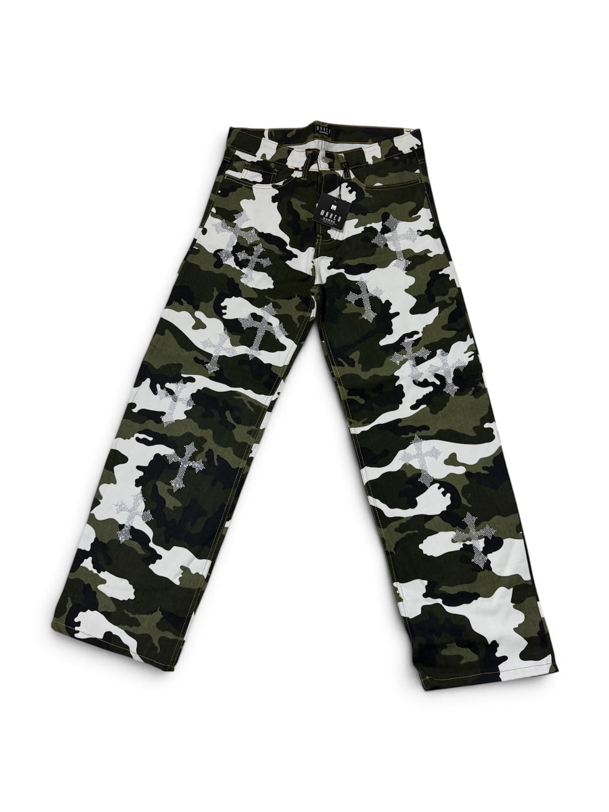 Denim pants rhinestone cross