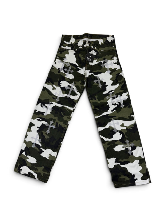 Denim pants rhinestone cross